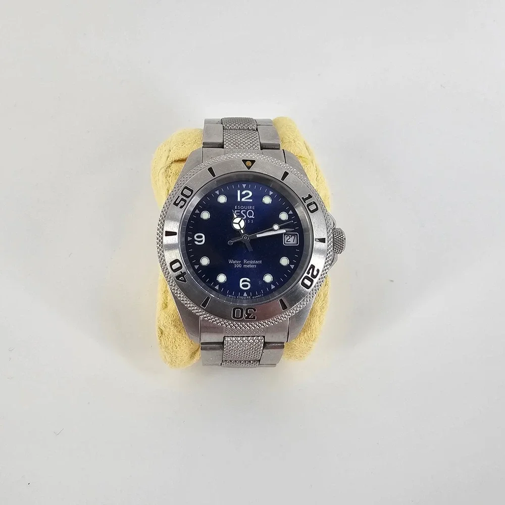 ESQ Movado Mens Watch E5067 Silver Blue Dial Stainless Steel Diver Quartz 40mm